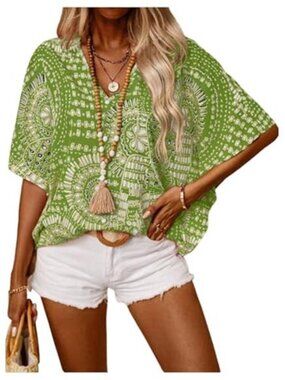 Women’s Green Boho V-Neck 3/4 Sleeve Blouse Vintage 70s Summer Top